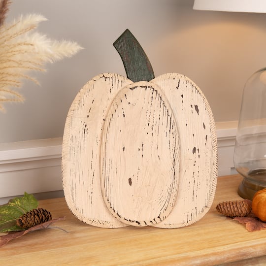 14.5" White Wooden Thanksgiving Pumpkin with Stem